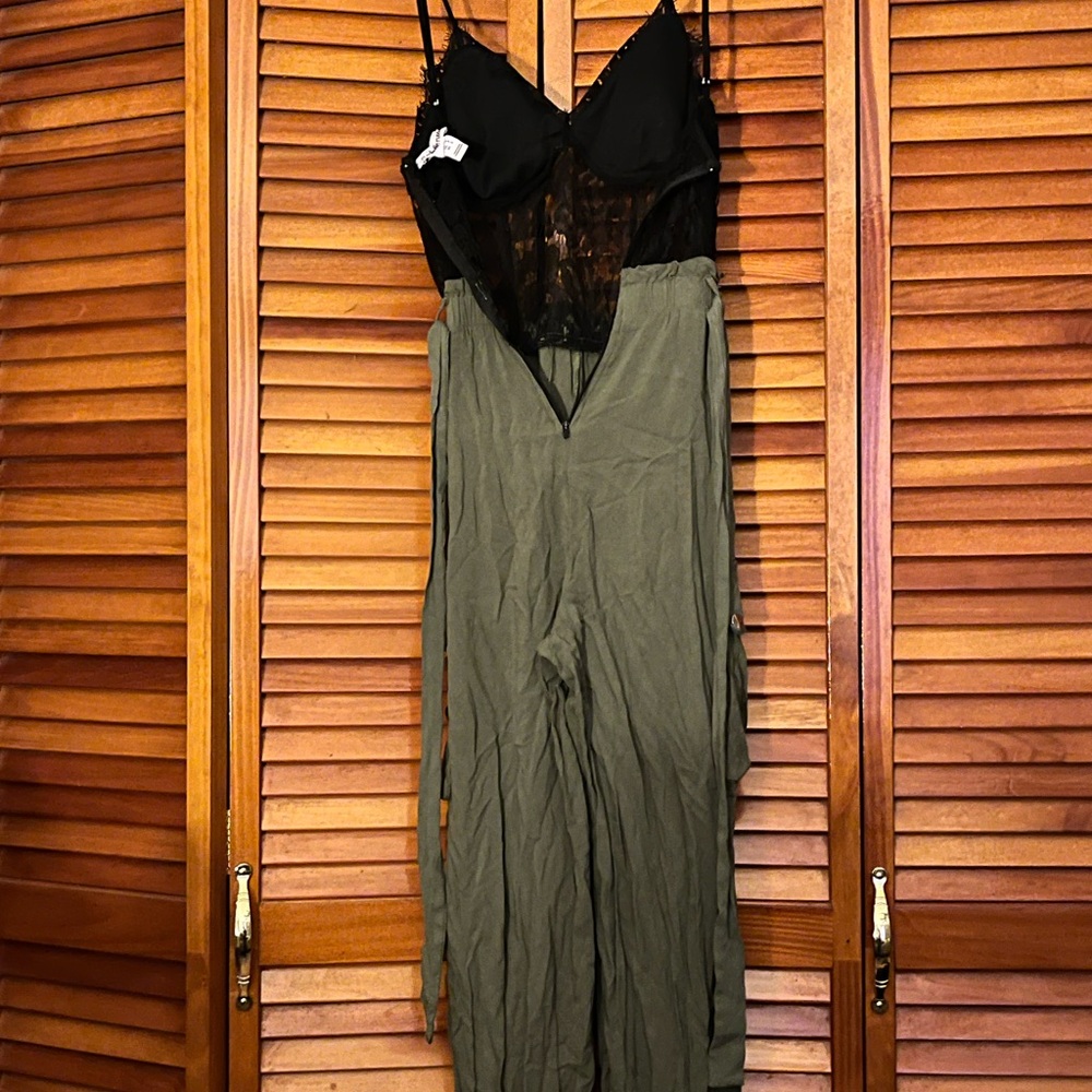 Charlotte Russe Black Lace & Olive Green Utility Jumpsuit - Picture 3 of 6